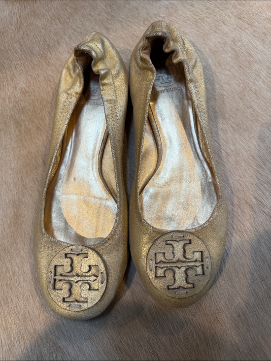 Tory Burch Metallic Gold Logo Ballet Flats